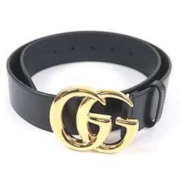 Gucci-Cinto largo de couro preto Gucci Double G-Dourado,Metálico