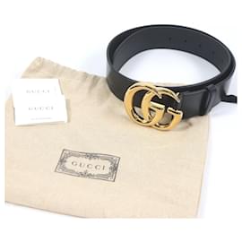 Gucci-Cinto largo de couro preto Gucci Double G-Dourado,Metálico