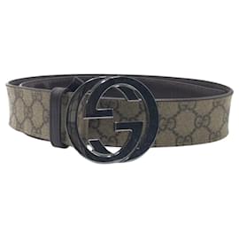 Gucci-Cinto de lona GG Supreme em couro com fivela GG-Marrom,Bege