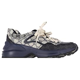 Gucci-Gucci GG Rhyton Trainers in Navy Blue Canvas-Blue,Navy blue