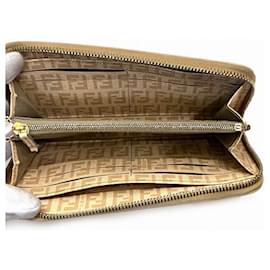 Fendi-Fendi Zucchino Leather Zip Wallet 8M0024-Brown,Beige