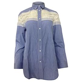 Gestreifte Sandro-Bluse mit Spitzenbesatz aus hellblauer Baumwolle Blau Hellblau
