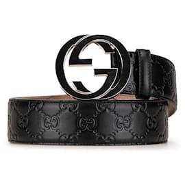 Gucci-Cinto de couro com logo G entrelaçado em metal preto Gucci-Preto