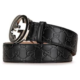 Gucci-Cinto de couro com logo G entrelaçado em metal preto Gucci-Preto