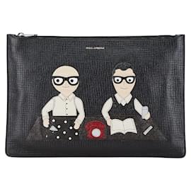Dolce & Gabbana-Dolce & Gabbana Leather Designer Patch Clutch Bag-Black