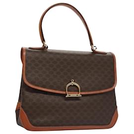 Céline-CELINE Macadam Canvas Hand Bag PVC Leather Brown Gold Auth 106359-Brown,Golden