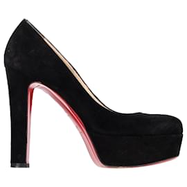 Christian Louboutin- Christian Louboutin Round Toe Chunky Heel Platform Pumps in Black Suede-Black