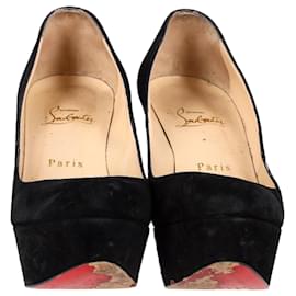 Christian Louboutin- Christian Louboutin Round Toe Chunky Heel Platform Pumps in Black Suede-Black
