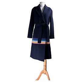Paul Smith Navy Blue Striped Wool Coat Blue Multiple colors