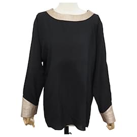 Hermès-TOP HERMES TUNIC WITH GOLD COLLAR AND CUFFS SIZE 40 BLACK SILK SHIRT-Black