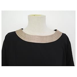 Hermès-TOP HERMES TUNIC WITH GOLD COLLAR AND CUFFS SIZE 40 BLACK SILK SHIRT-Black