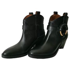 See by Chloé Hana Cowboy Boots Black Leather Ankle Boots Size 36 New Black