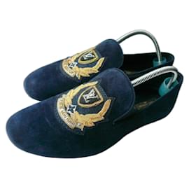 Louis Vuitton-LOUIS VUITTON Navy suede moccasin slippers size 38 IT-Dark blue