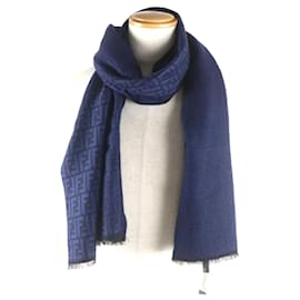 Fendi-FENDI Wool Zucca Pattern Reversible Scarf-Navy blue