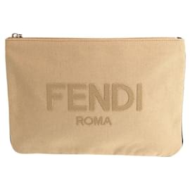Fendi-Fendi Canvas Logo Clutch Bag-Beige