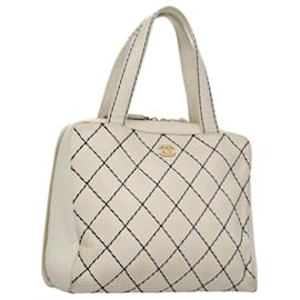 Chanel-CHANEL Wild stitch Hand Bag Leather White Gold CC Auth yk16095-White,Golden