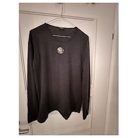 Chanel-Long-sleeved top with metal flower decorations-Dark grey