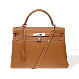 Hermès-HERMES Kelly 32 Bag in Golden Leather - 102342-Golden