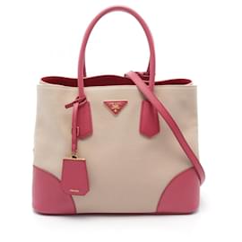 Prada-Prada CANAPA+SAFFIANO Canvas Leather Handbag-Beige
