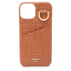 Fendi-Fendi Leather FF Embossed iPhone 14 Accessory-Brown
