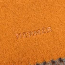 Hermès-Hermes Cashmere Shawl in Gray and Orange-Brown,Orange