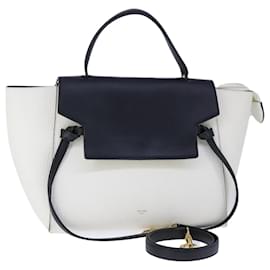 Céline-CELINE Belt Hand Bag Leather 2way White Black Auth hk1867-Black,White