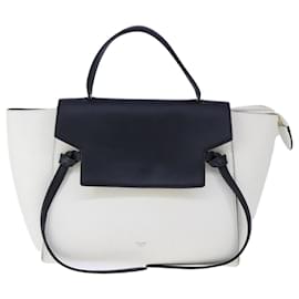 Céline-CELINE Belt Hand Bag Leather 2way White Black Auth hk1867-Black,White