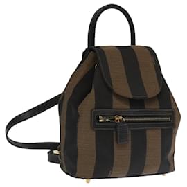 Fendi-FENDI Pecan Canvas Backpack Beige Black Gold Auth 106338-Black,Beige,Golden