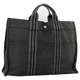 Hermès-HERMES Fourre Tout MM Sac Tote Toile Noir Argent Auth ti2558-Noir,Argenté