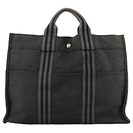 Hermès-HERMES Fourre Tout MM Sac Tote Toile Noir Argent Auth ti2558-Noir,Argenté