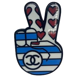 Chanel-Chanel 2016 Resin Peace Sign Stripe Hearts CC Brooch Pin-Black,White,Red,Blue