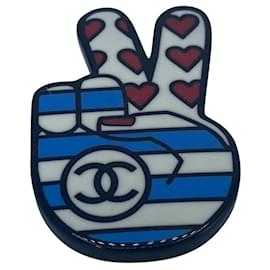 Chanel-Chanel 2016 Resin Peace Sign Stripe Hearts CC Brooch Pin-Black,White,Red,Blue