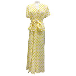 Vestido maxi de linho com estampa de bolinhas brancas e amarelas com cinto de Lisa Marie Fernandez Branco