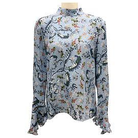 Blusa de chiffon de seda estampada floral com babados Lindsey Blue Multi da Erdem Azul