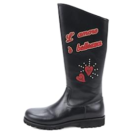 Dolce & Gabbana-Dolce & Gabbana Leather Boots Black x Red Studs Sequins Patch in Size 37 EU-Black