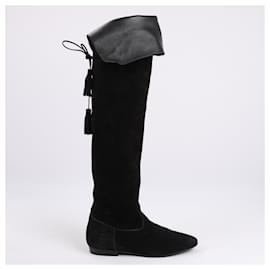 Céline-Celine Chat Botté Over-The-Knee Flat Boot in Suede Calfskin in Size 38 RM0220-Black