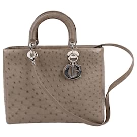 Dior-Christian Dior Ostrich Large Lady Dior 2Way Handbag in Olive Green-Brown
