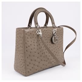 Dior-Christian Dior Ostrich Large Lady Dior 2Way Handbag in Olive Green-Brown