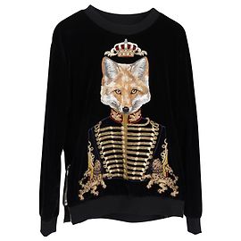 Dolce & Gabbana Sudadera Dolce and Gabbana Royal Fox Runway en terciopelo de algodón negro con estampado Negro
