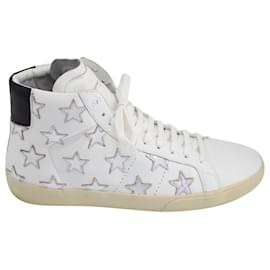 Saint Laurent-Saint Laurent High-Top Sneaker with Metallic Stars in White Leather-White
