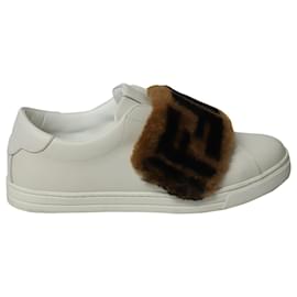 Fendi-Fendi Shearling-Trimmed Sneakers in White Leather-White