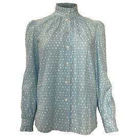 Marc Jacobs Bluse mit Rüschenausschnitt aus blauem Baumwollstoff mit Schweizer Punkten Blau Hellblau