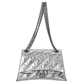Balenciaga- Balenciaga Medium Crush Chain Shoulder Bag in Metallic Silver Calf Leather-Silvery,Metallic