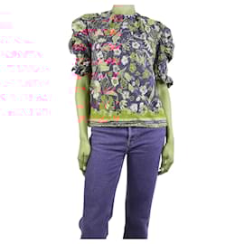 Ulla Johnson-Navy blue floral ruched-sleeved top - size UK 6-Blue
