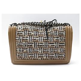 Chanel-CHANEL GRAND BOY HAND BAG PARIS DALLAS TWEED & LEATHER SHOULDER STRAP-Camel
