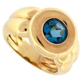 Autre Marque-VINTAGE DOUBLE BAND RING 53 BLUE TOPAZ ROUND SIZE YELLOW GOLD 18K 10.8GR RING-Golden