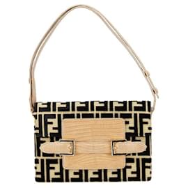 Fendi-Fendi Zucca Velour Lizard Shoulder Bag-Beige