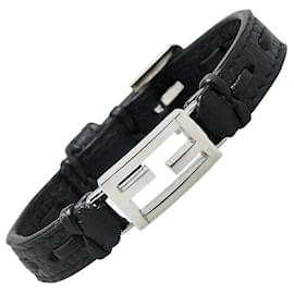 Fendi-Fendi FF Logo Baguette Bracelet Leather Metal-Black