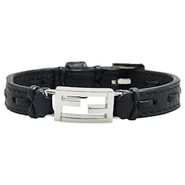 Fendi-Fendi FF Logo Baguette Bracelet Leather Metal-Black