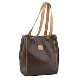 Céline-CELINE Macadam Canvas Tote Bag PVC Leather Brown Gold Auth 104908-Brown,Golden